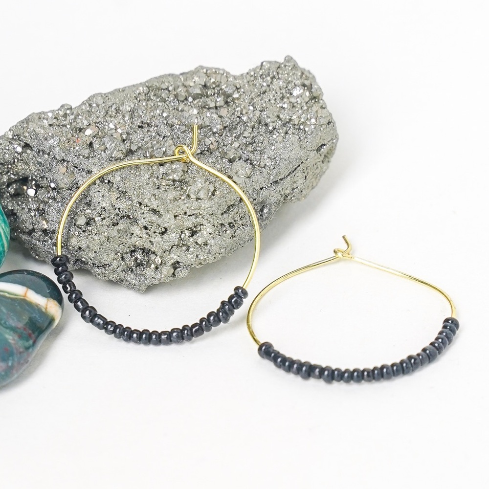 Seed Bead Hoop Earrings Handmade Black Brass